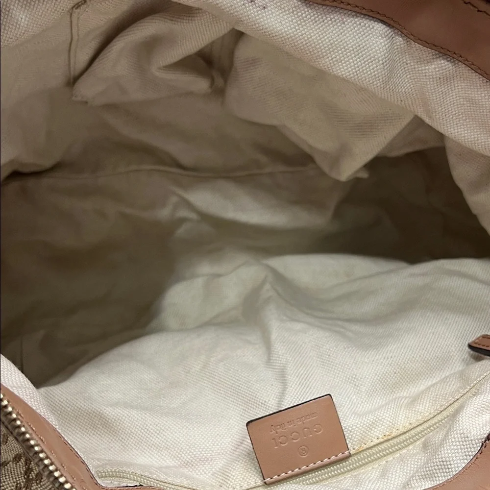 Gucci Beige Canvas Satchel Leather Trim Handbag